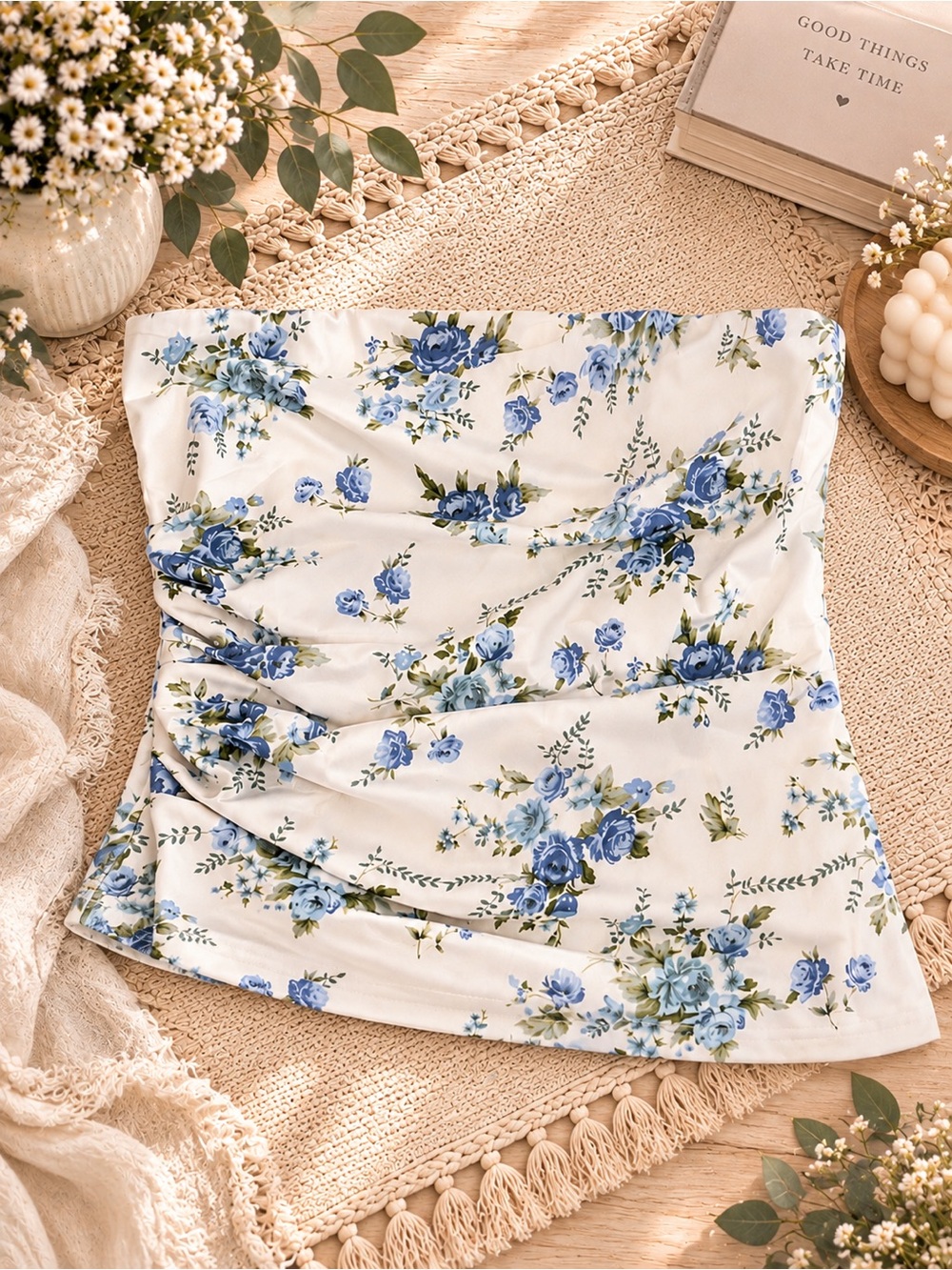 Floral Strapless Tube Top - Blue Rose Print